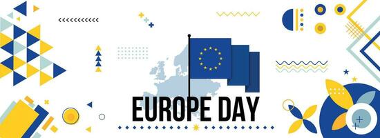 Europa nationell eller oberoende dag baner design för europeisk firande. flagga och Karta av Europa union med modern retro design och abstrakt geometrisk ikoner. vektor illustration