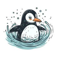 söt pingvin i de hav. hand dragen vektor illustration.