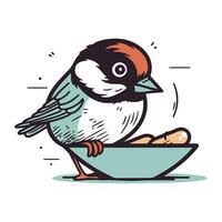 Spatz im ein Schüssel. Vektor Illustration von ein Vogel.