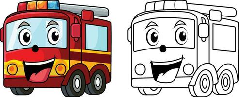 glücklich Feuer LKW, Feuer Motor Karikatur Vektor Illustration, Feuerwehrauto Maskottchen Charakter mit ein glücklich Gesicht farbig und schwarz und Weiß Karikatur Vektor Bild