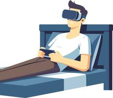 Mann im vr Brille auf ein Bett Vektor Illustration Mann genießen virtuell Wirklichkeit Vektor Bild , eben Stil Lager Vektor