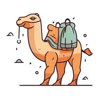 Kamel mit ein Rucksack. Vektor Illustration im eben linear Stil.