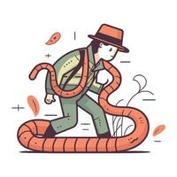 Vektor Illustration von ein Mann im ein Hut und mit ein groß Schlange.