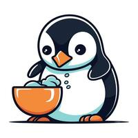 süß Pinguin mit ein Schüssel von Lebensmittel. Vektor Illustration.