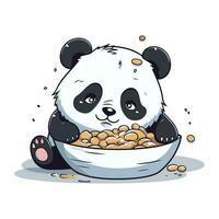 söt tecknad serie panda äter från en skål. vektor illustration.