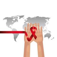 Hände mit Aids Day Awareness Band und Planet Erde vektor