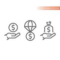 finanziell Hilfe und Hilfe Vektor Symbol Satz. Fallschirm Geld Lieferung, geben ang Spende oder Sponsoring Linie Symbole.