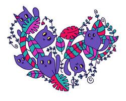 Herz geformt Gekritzel Muster mit süß Katzen im das Dschungel. Liebe zum Haustiere Konzept. hell Farben. vektor