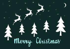 jul illustration med ren, jul träd och de inskrift glad jul, platt vektor illustration på en mörk blå bakgrund