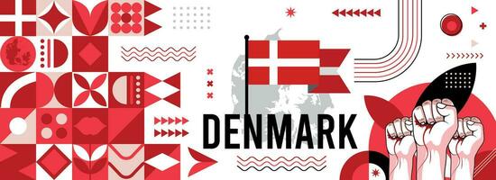 Danmark nationell eller oberoende dag baner för Land firande. flagga och Karta av Danmark med Uppfostrad nävar. modern retro design med typorgaphy abstrakt geometrisk ikoner. vektor illustration.