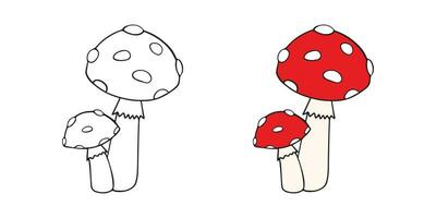 Familie von Pilze mit rot Deckel und Weiß Punkte. Seite zum ein Kinder- Färbung Buch. Amanita auf Weiß Hintergrund. Vektor Illustration
