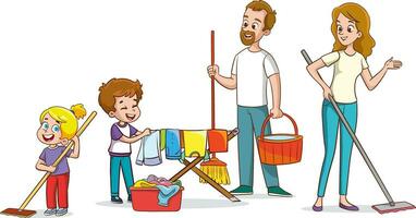 glücklich Familie tun Hausarbeit. Vektor Karikatur Illustration von Eltern und Kinder tun Haushalt Hausarbeiten.