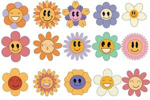 groovig Blume Karikatur Figuren. komisch glücklich Gänseblümchen mit Augen und lächeln. Aufkleber Pack im modisch retro trippy Stil. Hippie 60er, 70er Jahre Stil. Vektor Illustration.