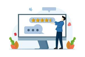 App Bewertung Konzept, Person Charakter geben fünf Star Rückmeldung. Kunde Bewertungen. starrte Bewertungen mit gut und Schlecht Preise und Text. Technologie, Kunde Zufriedenheit, Bewertungen, ui und ux, Sozial Medien. vektor