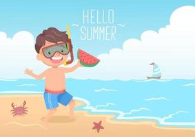 söt pojke med snorkel som håller vattenmelon hej sommar vektor