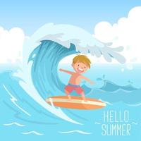 söt unge som surfar på stor våg hej sommar vektor