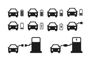 uppsättning elbilar och laddstationsikoner. vektor illustration