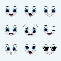 ansikte tecknad serie uttryck ikoner, rolig tecknad serie emoji. vektor
