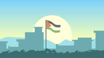 Palästina Landschaft Vektor Illustration. Silhouette von zerstört Gebäude beim Morgen mit Palästina Flagge. Landschaft Illustration von zerstört Stadt zum Hintergrund oder Hintergrund