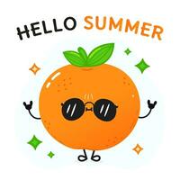 Mandarine Obst Charakter. Hallo Sommer- Karte. Vektor Hand gezeichnet Karikatur kawaii Charakter Illustration Symbol. isoliert auf Weiß Hintergrund Mandarin Charakter Konzept