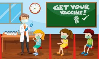 Viele Kinder warten in der Warteschlange, um einen Covid-19-Impfstoff zu bekommen vektor