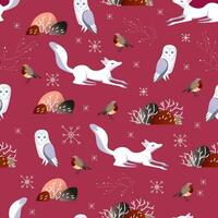 sömlös vektor mönster med söt skog djur. Lycklig räv och söt Uggla. vinter- atmosfär. scandinavian illustration. perfekt för textil, tapet eller skriva ut design. röd bakgrund