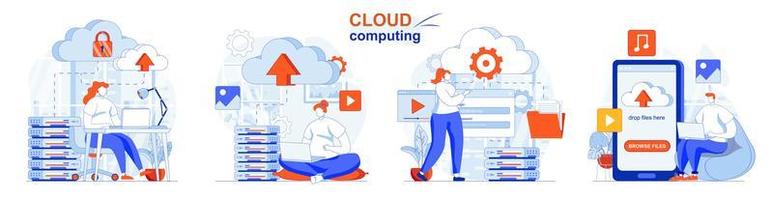 Cloud-Computing-Konzept stellte Menschen isolierte Szenen in flachem Design ein vektor