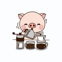söt gris som gör kaffe tecknad, vektor illustration