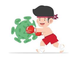 süßer cartoon muay thailändischer Boxer kämpft gegen das Corona-Virus vektor