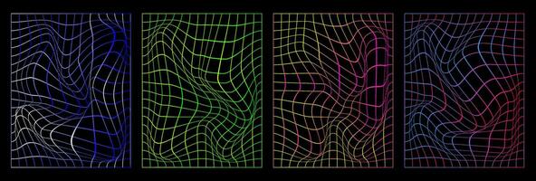 einstellen von verzerrt Vertikale Neon- Gitter Muster. modisch retro 1980er, 2000er Stil. abstrakt Plakate. Cyberpunk Elemente im modisch psychedelisch Rave Stil. vektor