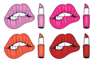 bunte handgezeichnete lippen und lippenstift mit unterschiedlicher farbe vektor