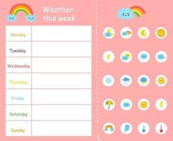 Wetter diese Woche Vorlage für Kinder. Wettervorhersage. vektor