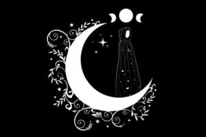 mystisch Priesterin im ein lange schwarz Kleid auf das Weiß Halbmond Mond. verdreifachen Göttin, magisch Wicca Frau, Konzept von esoterisch Magie heilig weiblich im Boho Stil, Vektor isoliert auf schwarz Hintergrund