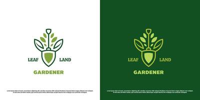 Pflanze Garten Schaufel Logo Design Illustration. Silhouette von graben Werkzeug Schaufel Blatt Pflanze Natur Garten Garten Blume wachsen Flora organisch Grün Ökologie Objekt. einfach modern minimalistisch Symbol Vorlage. vektor