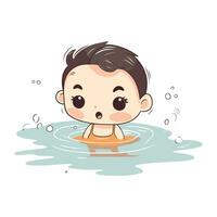 süß wenig Junge Schwimmen im ein Schwimmbad. Vektor Karikatur Illustration.