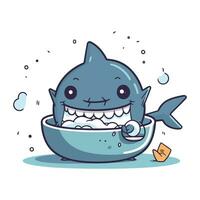 söt tecknad serie haj äter fisk i en skål. vektor illustration.