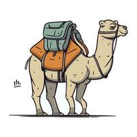 Illustration von ein Kamel mit ein Rucksack auf ein Weiß Hintergrund. vektor