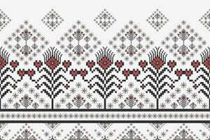 geometrisch Blumen- Rand Stickerei Muster. ethnisch geometrisch Blumen- Pixel Kunst nahtlos Muster auf Weiß Hintergrund. ethnisch Blumen- Stich Muster verwenden zum Textil, Grenze, Zuhause Dekoration Element vektor