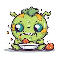 süß Karikatur Zombie mit ein Schüssel von Lebensmittel. Vektor Illustration.
