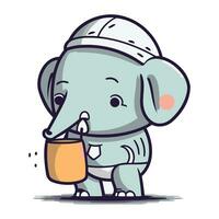 süß Baby Elefant mit ein Eimer von Milch. Vektor Illustration.