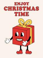 glad jul häftig kort. gåva låda i retro tecknad serie stil. hälsning kort, mall, affischer, grafik, fest inbjudningar och bakgrunder. vektor platt.