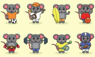 uppsättning av mus bär enhetlig och använder sig av sporter Utrustning. rolig djur håller på med övning. söt tecknad serie karaktär vektor uppsättning isolerat på en vit bakgrund. tecknad serie djur- sport. mus tecknad serie.