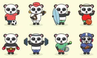einstellen von Panda tragen Uniform und mit Sport Ausrüstung. komisch Tiere tun Übung. süß Karikatur Charakter Vektor einstellen isoliert auf ein Weiß Hintergrund. Karikatur Tier Sport. Panda Karikatur.