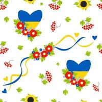 nahtloses Muster mit gelb-blauen Herzen, mit Blumenkranz vektor