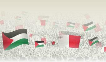 Palästina und Malta Flaggen im ein Menge von Jubel Personen. vektor