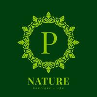 brev p natur gräns krans första logotyp för boutique spa och skönhet wellness vektor