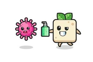 Illustration des Tofu-Charakters, der bösen Virus mit Händedesinfektionsmittel jagt vektor