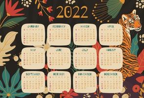 Kalender 2022 zum ausdrucken mit Illustrationen von Tiger und floralem Laub vektor