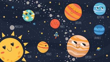 Schema der Solaranlage. Vektorplaneten, Asteroidengürtel, Raumschiff und Ufo vektor