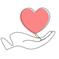 kontinuerlig linje rött hjärta hand vård kärlek organdonation vektor